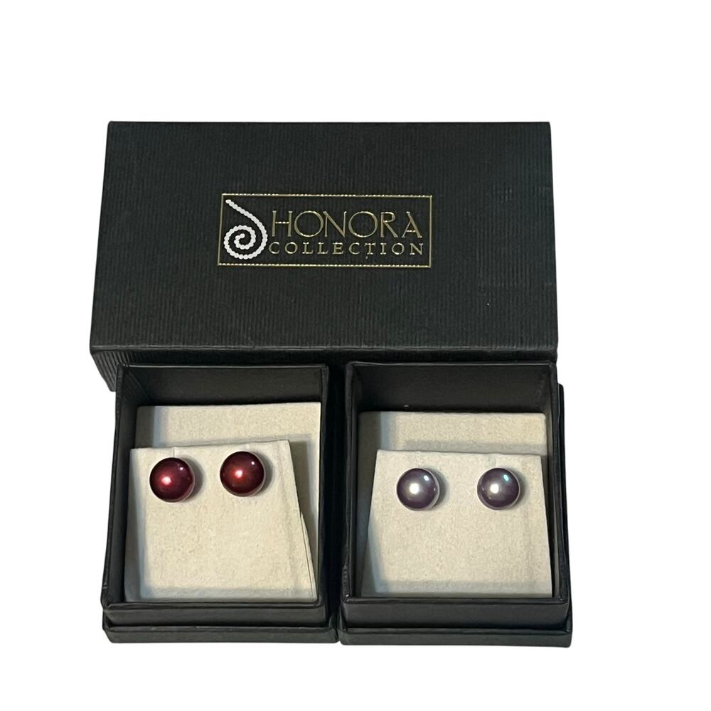 Honora Collection Pearl Stud Set Red Silver